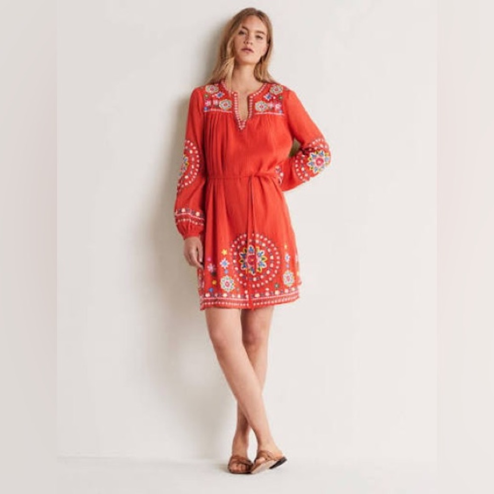 Boden Red Embroidered Long-Sleeve Dress